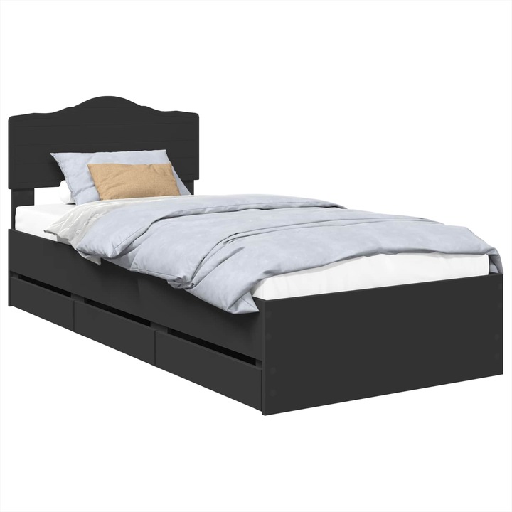 Cadru de pat vidaXL, negru, 75x190cm, cu sertare ascunse, lemn