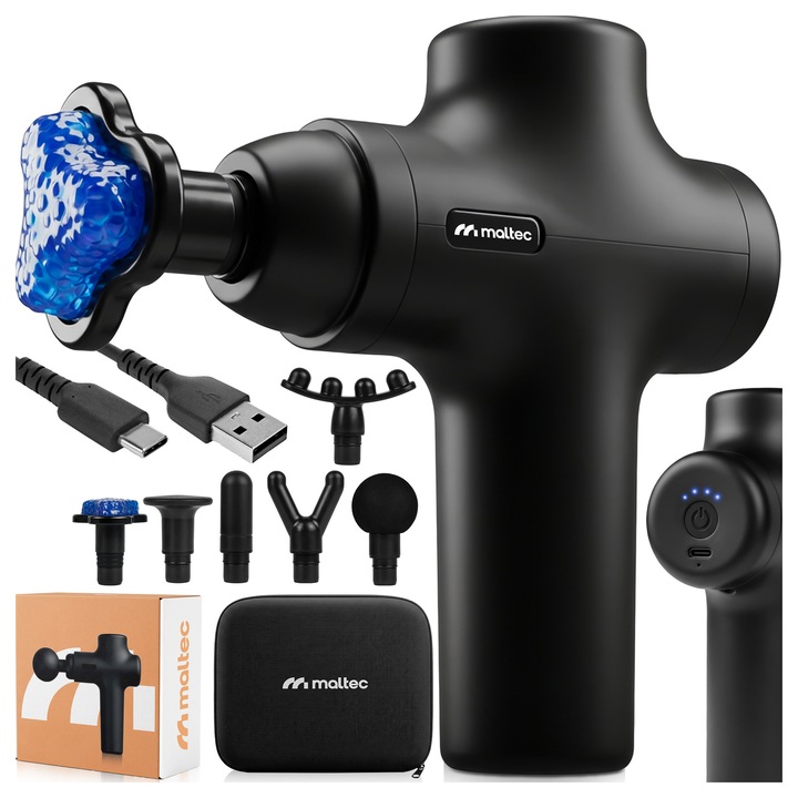 Масажен пистолет MalTec BodyBeat Go, комплект от 6 части, 4 скорости, амплитуда 10 мм, черен, 14x16x5 см
