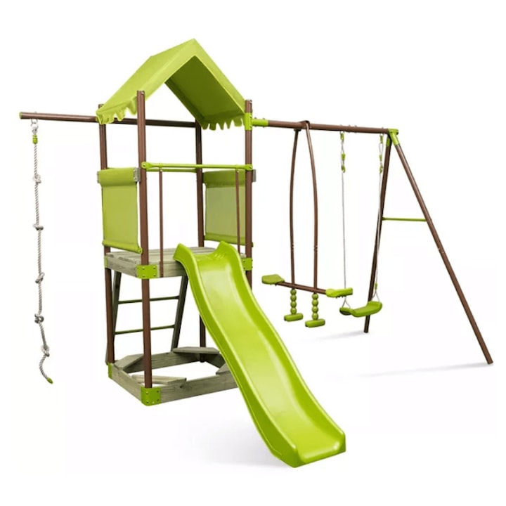 Sonne Green For Swing Set Многофункционална детска площадка 5 в 1 за двор с пързалка, 2 люлки, въже за катерене, стълба и покрив, зелена
