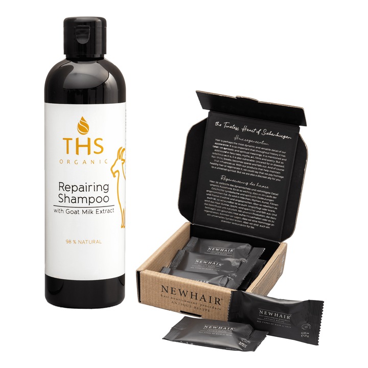 Set 1: Tratament Par THS Organic NewHair(100% natural)+ Sampon Reparator cu Extract din Lapte de Capra 250 ml(98% natural), 100% natural, Unisex