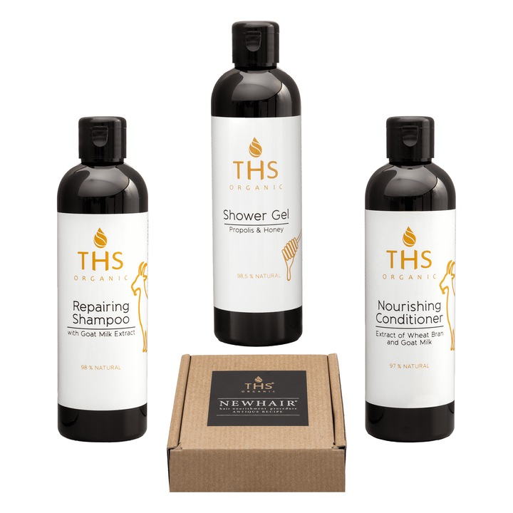 Set 3: Tratament Par THS Organic NewHair(100% natural)+Sampon Reparator 250 ml(98% natural), Balsam Reparator cu Lapte de Capra 250 ml(97% natural), Gel de dus 250ml (98.5% natural)