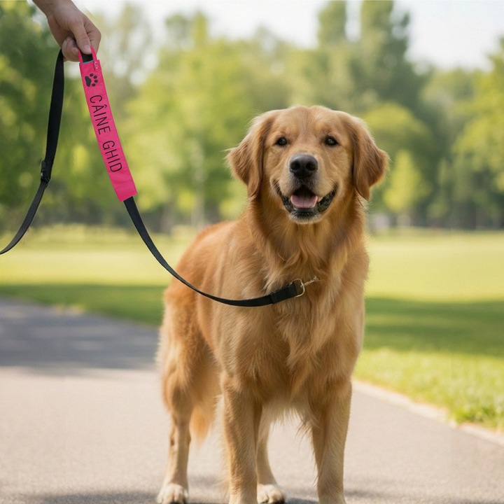 Калъф за повод за куче, неоново розов, 40см, съобщение "Куче Водач"