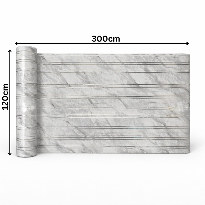 Tapetoo Öntapadós Márványhatású Tapéta Tekercs, 120x300cm, 3.6nm, Szürke/Ezüst, Mosható, Nedvességálló, Alumínium Fólia a Hátoldalon, Konyhai, Fürdőszobai, Hálószobai, Nappali, Előszoba Tapéta