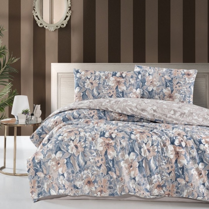 Dupla ágynemű, 100% pamut ranforce, lepedő 240x260 cm, 4 részes, First Choice, Joly Blue bézs virágokkal