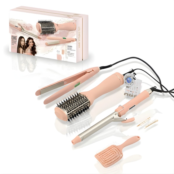 Perie de păr electrică ATOMKIT Set Cadou 3-in-1 "Peach Pearl", roz pudra, include perie cu aer cald 1200W, ondulator 25mm, placă de îndreptat, afisaj LCD/LED