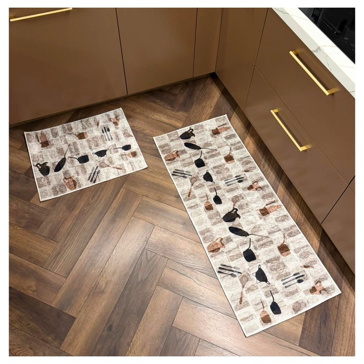 Set Covorase Bucatarie Antiderapante, 2 piese 120x50 cm si 60x50 cm, Impermeabil, Design Modern, Usor de Intretinut, Pufoase, Maro/Multi, ®OPTIMDEKO