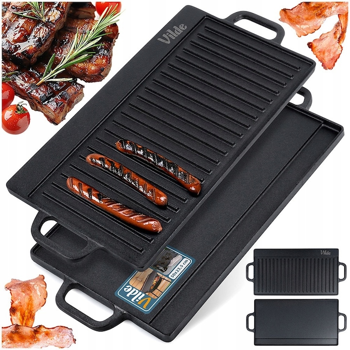 Tava Grill, Vilde, Fonta, Dubla, 50.5x23.5x1.5 cm, Potrivita Pentru Gratar, Cuptor Si Aragaz, Ideala Pentru Gratarul Carnii, Pestelui Si Legumelor