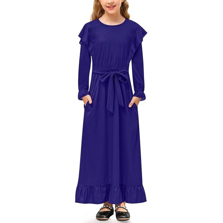Rochie Maxi pentru Fete cu Maneci Lungi si Volane – din Bumbac si Poliester, Stil Casual & Elegant, 160, 13-14, Albastru, 160 CM