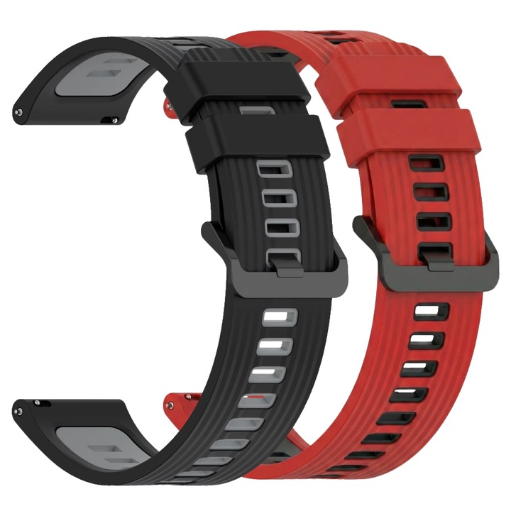 Set 2 curele silicon 22 mm BEST ACCESSORIES, negru/roșu, quick release