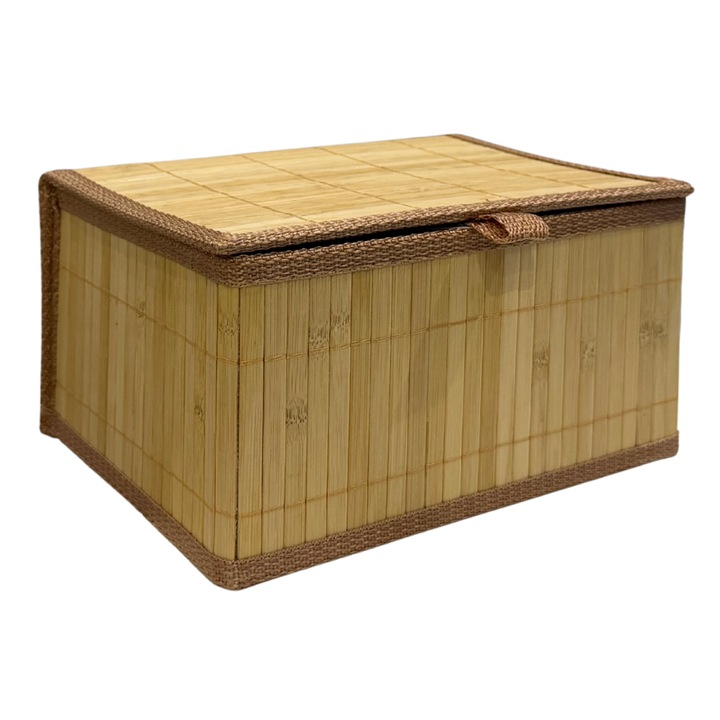Cutie de depozitare din lemn bambus, pentru organizarea obiectelor personale, cu captuseala interioara si capac, 24x18x12 cm, Maro
