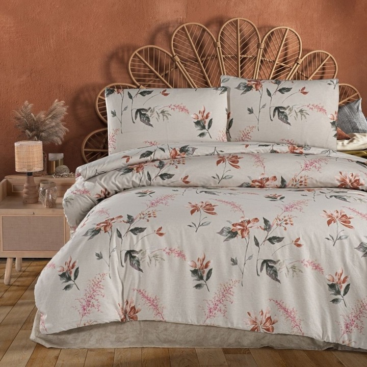 Dupla ágynemű, 100% ranforce pamut, lepedő 240x260 cm, 4 részes, First Choice, Karen Maro virágokkal