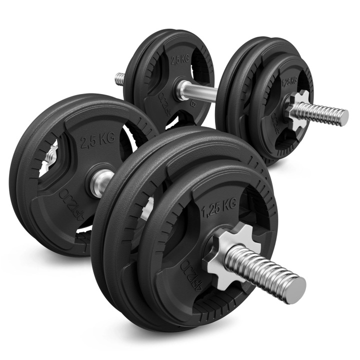 Set gantere reglabile, 4FIZJO, 2x15 kg, pentru definire si progres stabil, set haltere reglabile 30 kg, bare 48 cm cu prindere striata si cleme filetate, ideale pentru nivel mediu, antrenament eficient acasa, constructie solida, negru