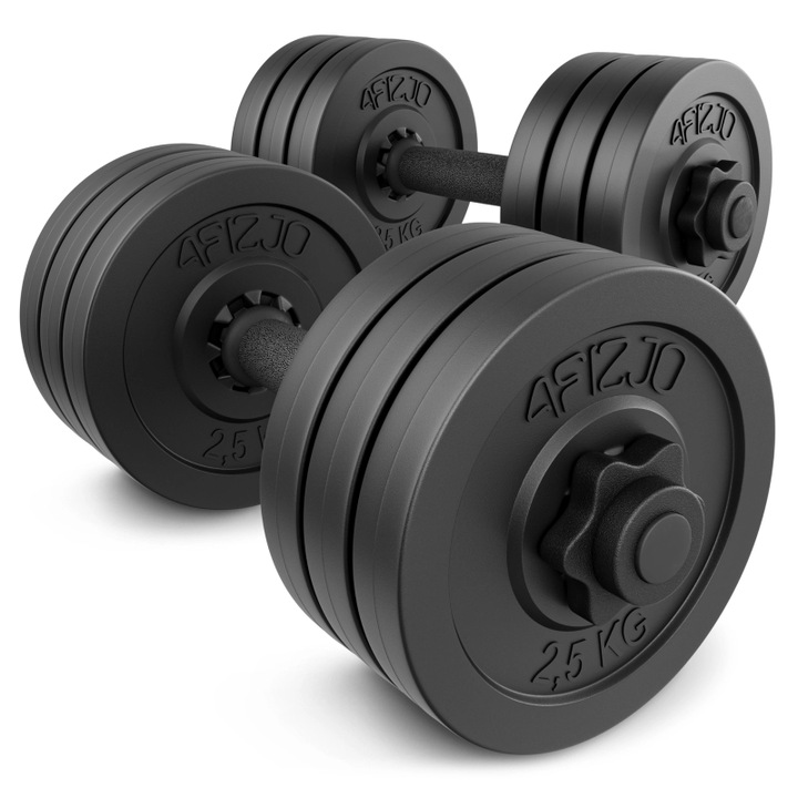 Ganterele bituminoase 2x15 kg pentru forta maxima, 4FIZJO, set haltere reglabile cu discuri 12x2,5 kg, bare 45 cm cu cleme filetate, prindere antialunecare, ideale pentru nivel avansat, antrenament acasa si masa musculara, protectie podea, negru