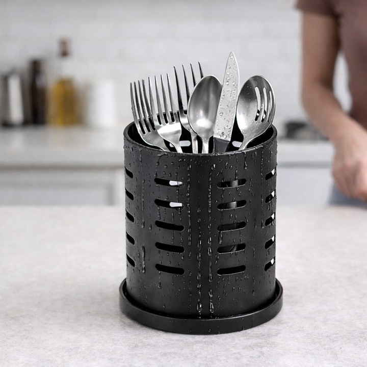 Organizator Tacamuri Bucatarie din Metal Antbro®, Suport Tacamuri Tip Scurgator cu Orificii de Ventilatie si Tavita de Captare a Apei, Stativ Ustensile pentru Chiuveta sau Blat, Design Modern, Negru