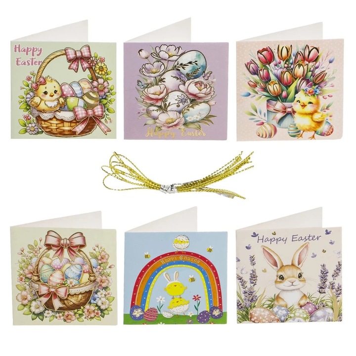Felicitari Paste cu 6 Modele Folie si Snururi Aurii 6x6cm – 6 buc