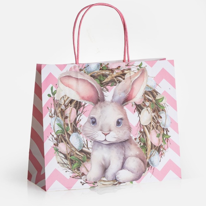 Sacosa Cadou Kraft cu Model Iepuras Coronita 25,5x10x21cm