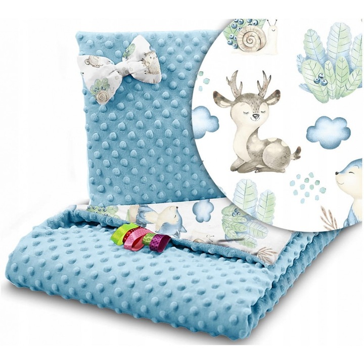 Set paturică și pernă BabyMam minky Blue forest, 75x55cm și 25x35cm, două fețe, poliester și bumbac