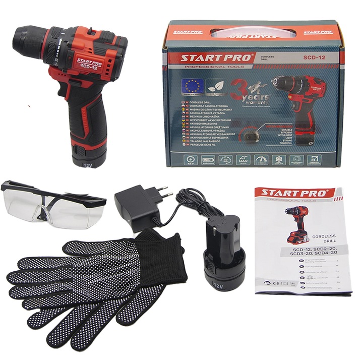 Masina de gaurit si insurubat (bormasina) BRUSHLESS STARTPRO SCD-12 cu 2*acumulatori 2Ah Li-Ion, 40Nm, 2 trepte, mandrina metalica 0.8-10mm