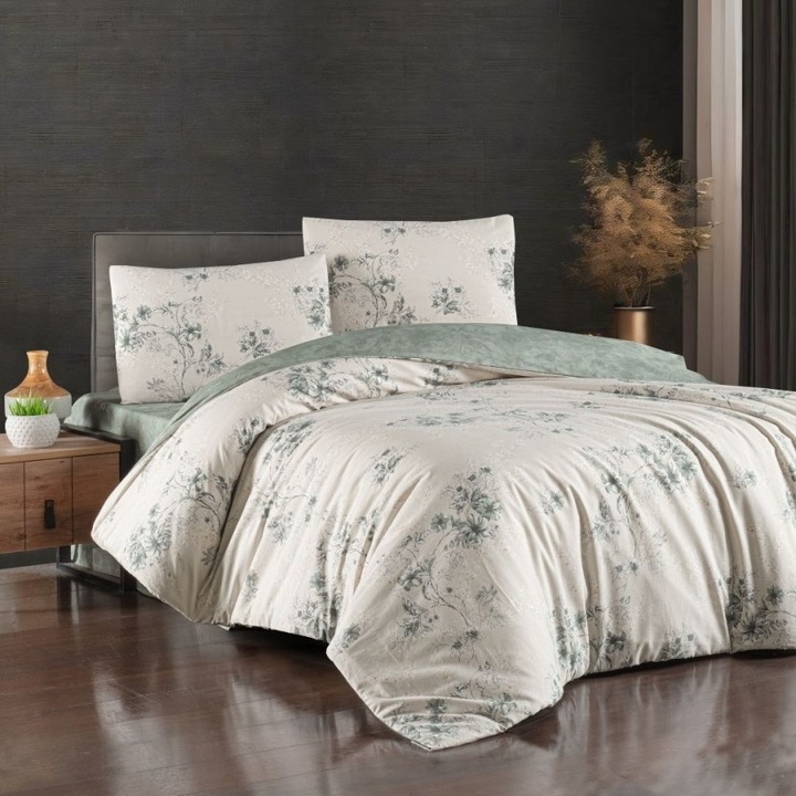 Lenjerie pat dublu, bumbac 100% ranforce, cearsaf de pat 240x260 cm, 4 piese, First Choice, Mary Bej cu flori