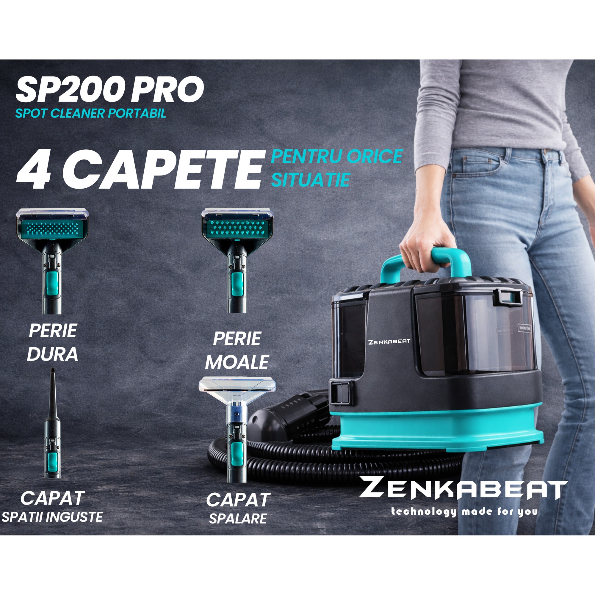 Aspirator Cu Spalare Zenkabeat SP200, Putere 500W, 4 Capete, Aspirator cu Injectie-Extractie, Recipient apa 1L/0.8L, Perie Sub Presiune 14Kpa, Compact, Portabil, Ideal Auto, Canapea, Mocheta, Saltele, Negru/Turcuaz