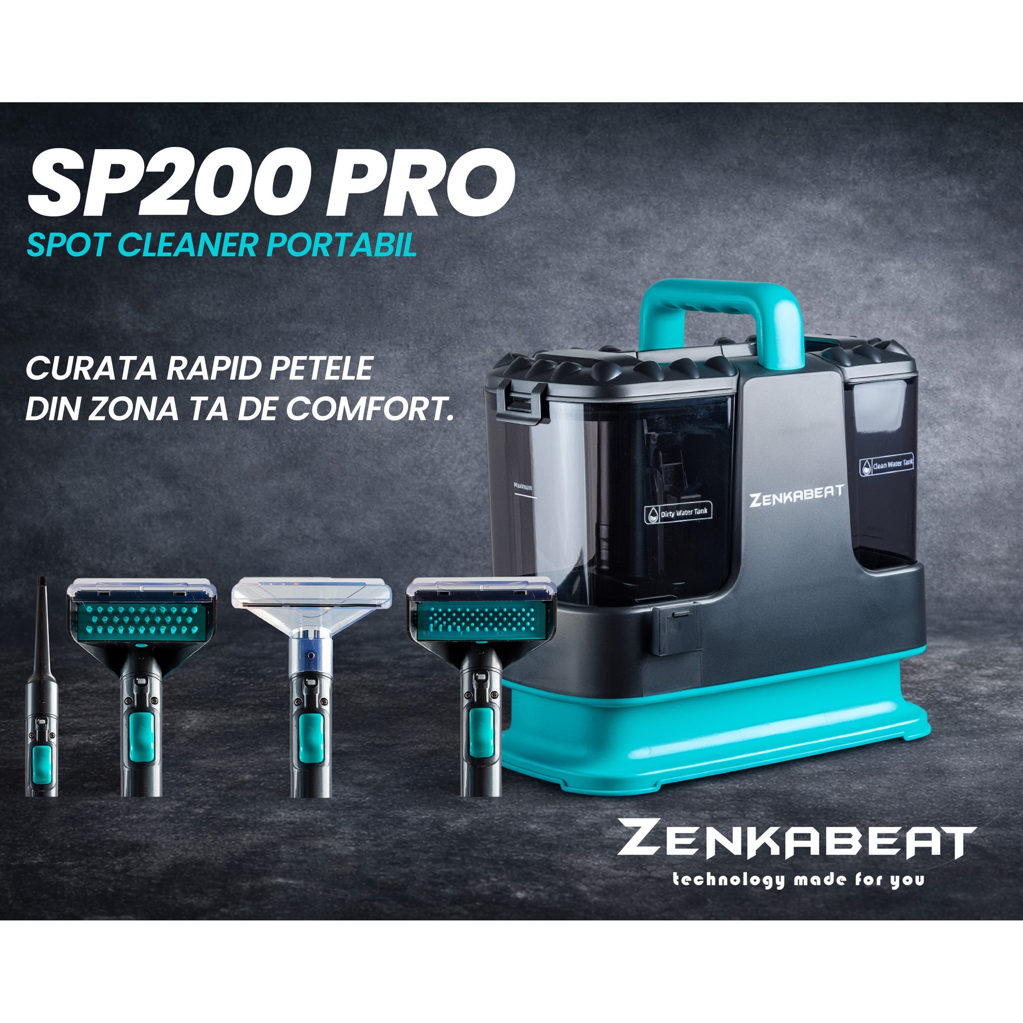 Aspirator Cu Spalare Zenkabeat SP200, Putere 500W, 4 Capete, Aspirator cu Injectie-Extractie, Recipient apa 1L/0.8L, Perie Sub Presiune 14Kpa, Compact, Portabil, Ideal Auto, Canapea, Mocheta, Saltele, Negru/Turcuaz