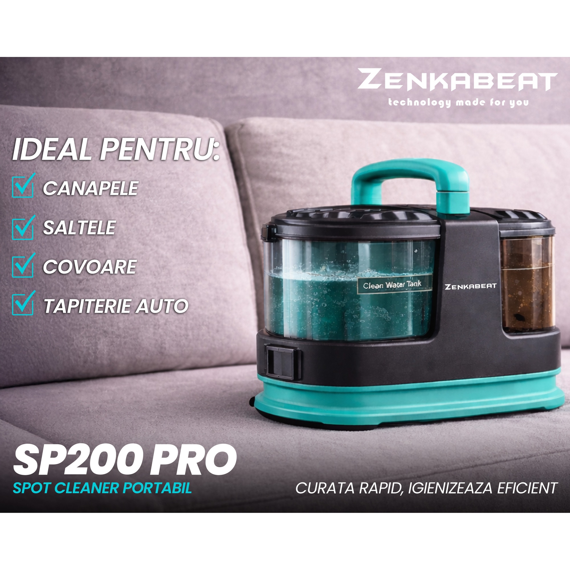 Aspirator Cu Spalare Zenkabeat SP200, Putere 500W, 4 Capete, Aspirator cu Injectie-Extractie, Recipient apa 1L/0.8L, Perie Sub Presiune 14Kpa, Compact, Portabil, Ideal Auto, Canapea, Mocheta, Saltele, Negru/Turcuaz