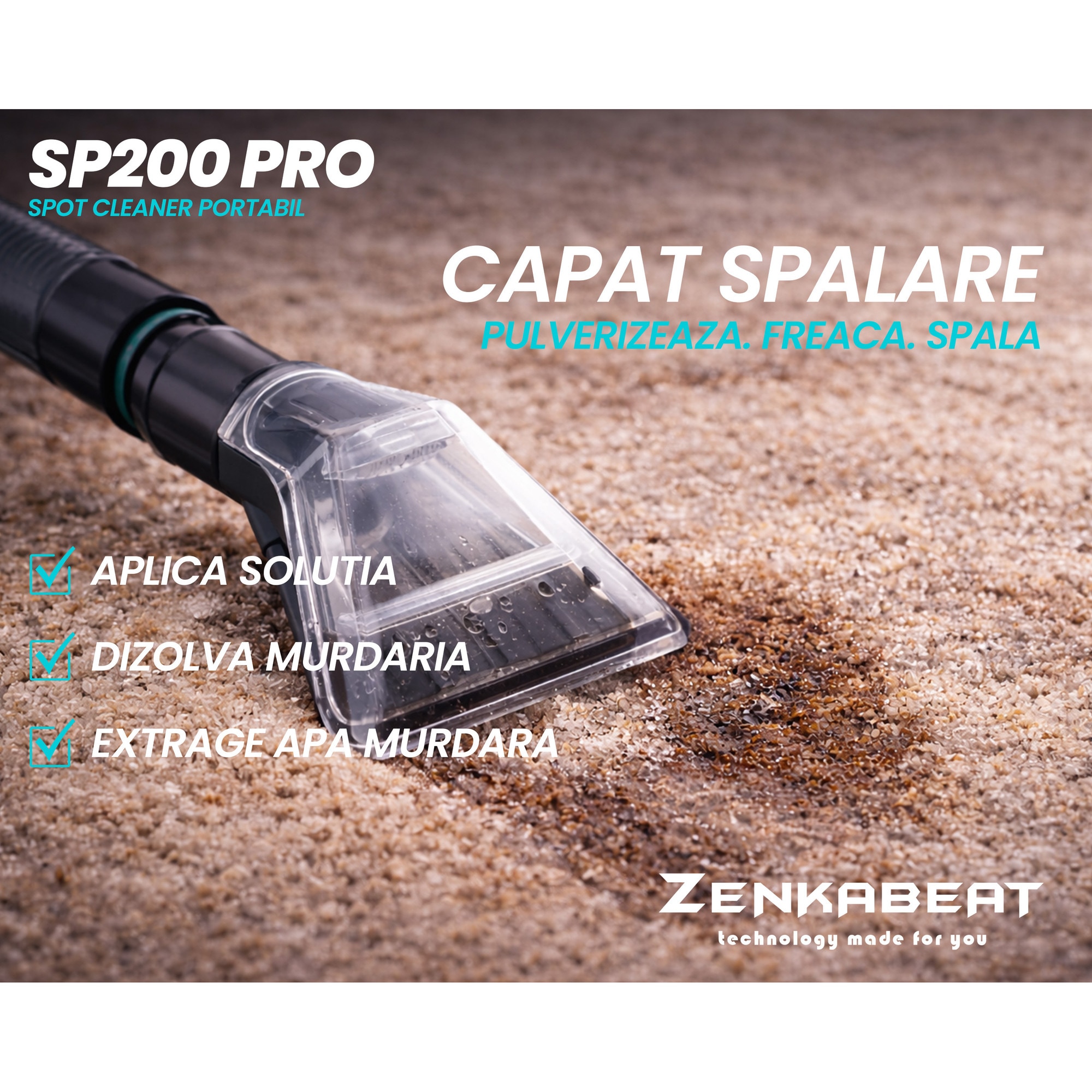 Aspirator Cu Spalare Zenkabeat SP200, Putere 500W, 4 Capete, Aspirator cu Injectie-Extractie, Recipient apa 1L/0.8L, Perie Sub Presiune 14Kpa, Compact, Portabil, Ideal Auto, Canapea, Mocheta, Saltele, Negru/Turcuaz