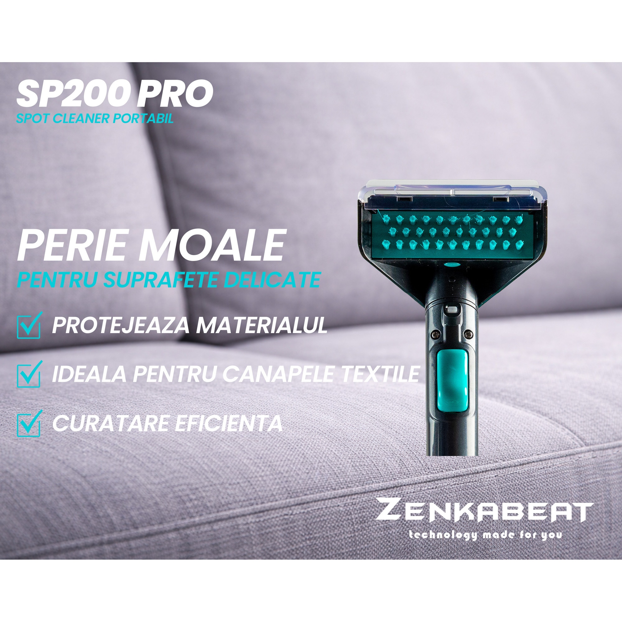 Aspirator Cu Spalare Zenkabeat SP200, Putere 500W, 4 Capete, Aspirator cu Injectie-Extractie, Recipient apa 1L/0.8L, Perie Sub Presiune 14Kpa, Compact, Portabil, Ideal Auto, Canapea, Mocheta, Saltele, Negru/Turcuaz