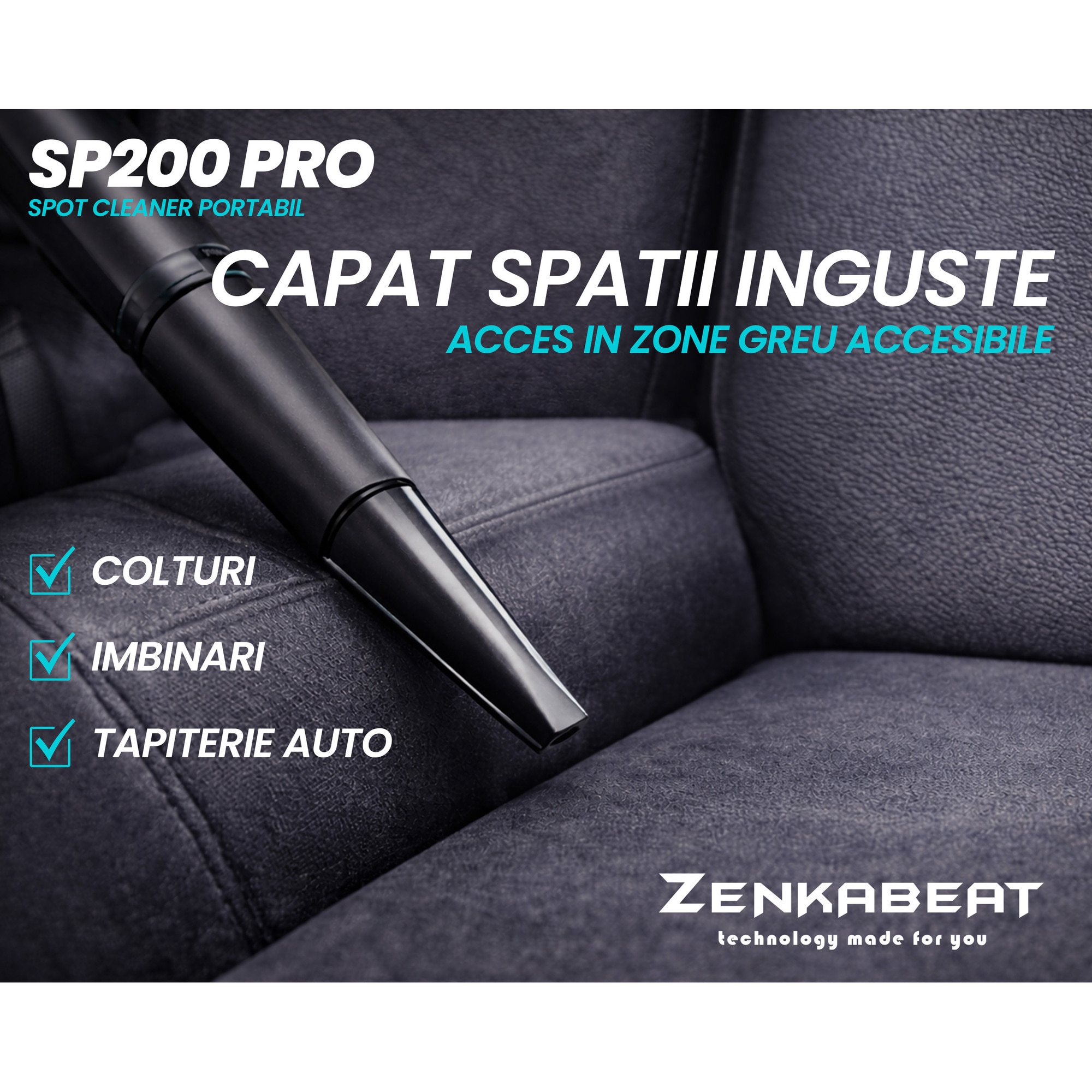 Aspirator Cu Spalare Zenkabeat SP200, Putere 500W, 4 Capete, Aspirator cu Injectie-Extractie, Recipient apa 1L/0.8L, Perie Sub Presiune 14Kpa, Compact, Portabil, Ideal Auto, Canapea, Mocheta, Saltele, Negru/Turcuaz