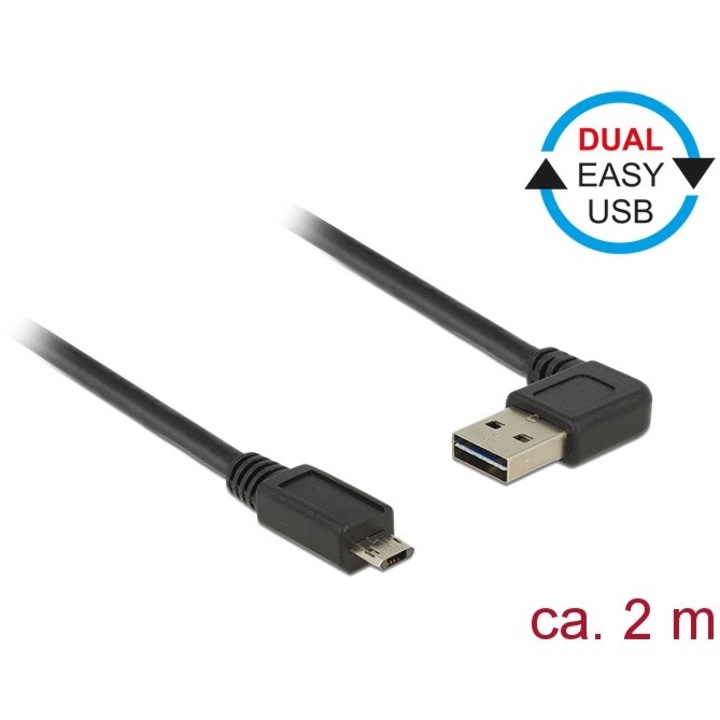 Cablu USB 2.0 Delock Micro AM-BM 2m unghiat stânga/dreapta, negru