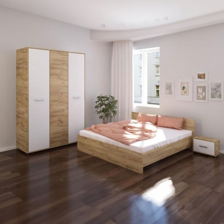 Dormitor AmzMob Hera, 4 Piese, Pat, 2Noptiere, Dulap, Culoare Stejar Sonoma/Alb 180x200