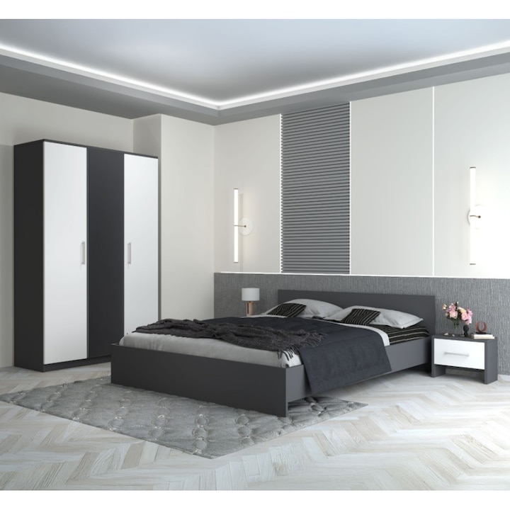 Dormitor AmzMob Hera, 4 Piese, Pat, 2Noptiere, Dulap, Culoare Gri 140x200