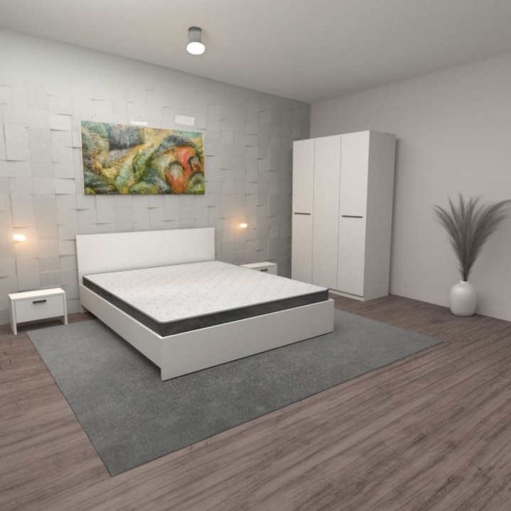 Dormitor AmzMob Hera, 4 Piese, Pat, 2Noptiere, Dulap, Culoare Alb 180x200