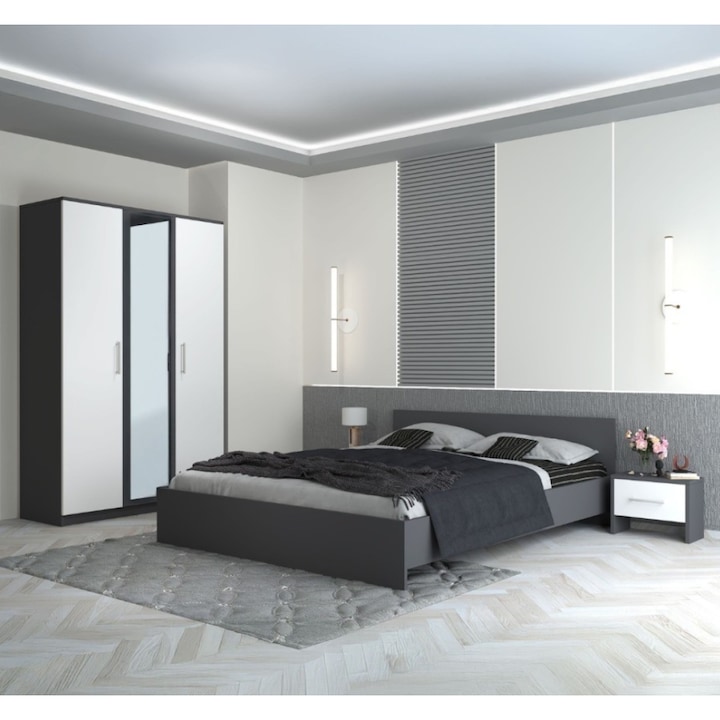Dormitor AmzMob Hera, Cu Oglinda, Culoare Gri 140x200