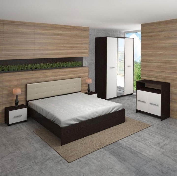 Dormitor AmzMob HERA CU OGLINDA CU PAT INO TAPITAT ALB + COMODA M WENGE 160x200