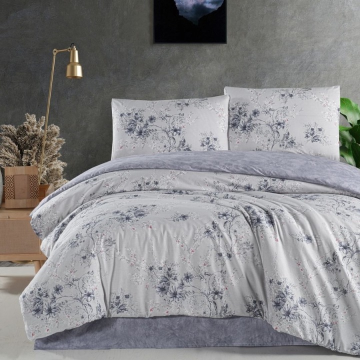 Dupla ágynemű garnitúra, 100% pamut ranforce, lepedő 240x260 cm, 4 részes, First Choice, Mary szürke virágokkal