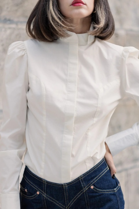 Camasa dama demiur, Majestic, guler dublu, mansete cu butoni, Crem