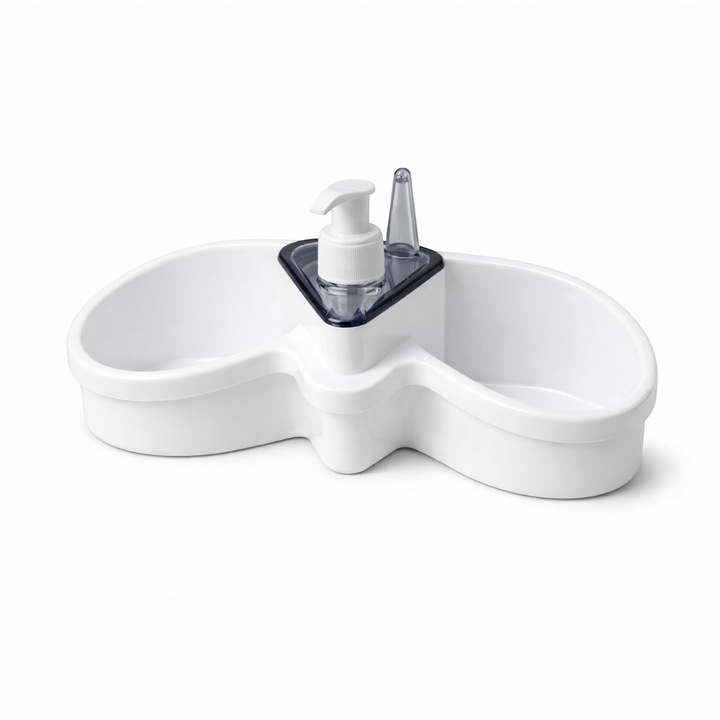 Органайзер за кухненска мивка с дозатор за препарат, поставка за гъба, двойно отделение, пластмаса, бял/сив, LGCHOME®