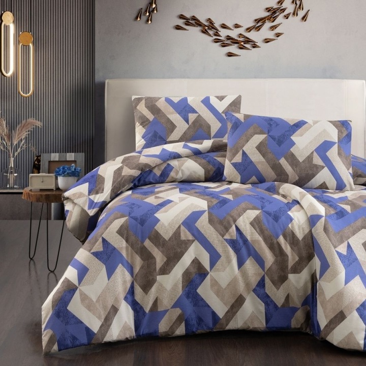 Geometrikus mintázatú dupla ágynemű, 100% ranforce pamut, lepedő 240x260 cm, 4 részes, First Choice, Rayce Bézs