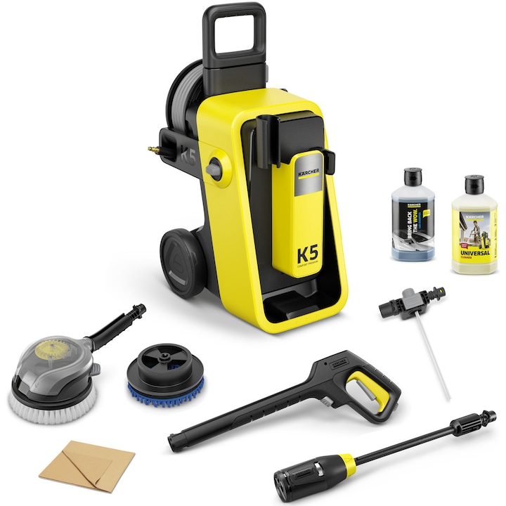 Aparat de spalat cu presiune Karcher K 5 Comfort Premium Car BB *EU, putere 2100 W, presiune 145 bar, debit 500 l/h, pistol G180Q COMFORT!Hold, lance 4-in-1 Multi Jet, furtun 10 m, perie rotativa, accesoriu Car&Bike, laveta, sampon auto