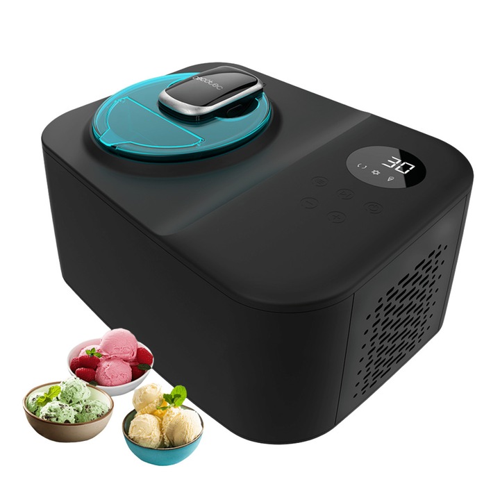 Cecotec fagylaltgép, Gelacy 1200 Touch, 1.2 literes kapacitás, kompresszoros technológia, 30 perc elkészítési idő, érintőképernyős vezérlőpanel, digitális kijelző, kivehető tál, betekintő ablak, fagyasztott hozzávalók nélkül, automata kikapcsolás, fekete
