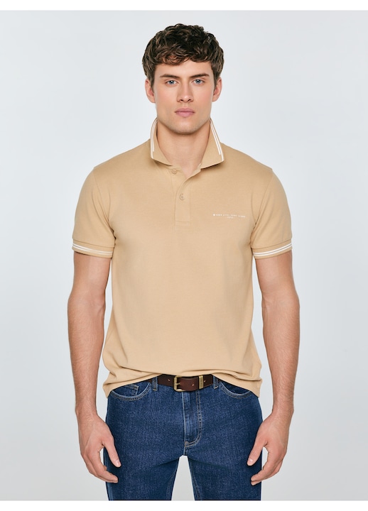 Tricou polo barbati Big Star, bej cald, tesatura pique, imprimare contrastanta, dungi decorative