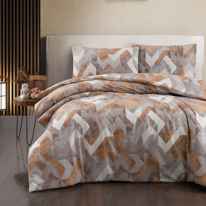 Lenjerie pat dublu cu design geometric, bumbac 100% ranforce, cearsaf de pat 240x260 cm, 4 piese, First Choice, Rayce Maro