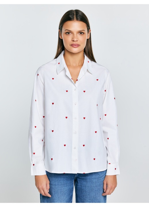 Camasa dama Big Star alba, bumbac, broderie inimioare rosii, confortabila, eleganta