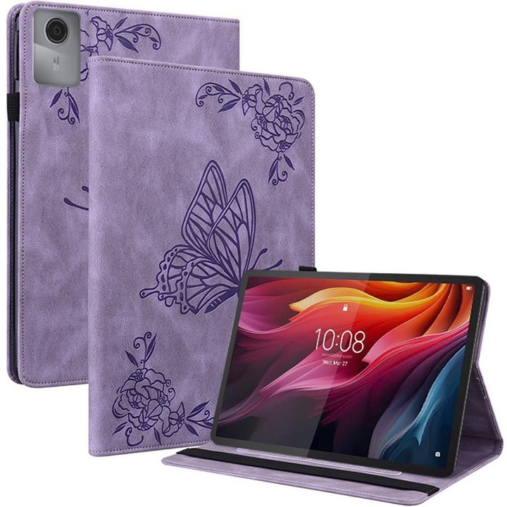 Husa tableta XGSM Butterfly, 11", violet, cu suport si compartimente pentru carduri
