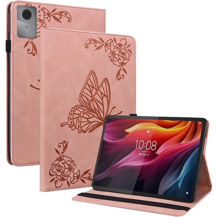 Husa tableta XGSM Butterfly, roz, pentru Lenovo Idea Tab 11" / Tab K11 11" (2 gen.), cu suport si compartimente pentru carduri