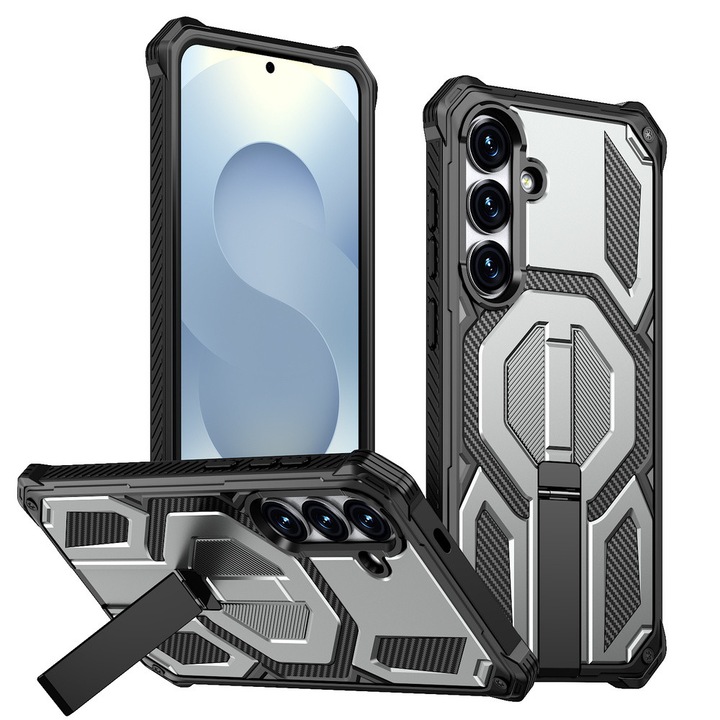 Husa de protectie pentru Samsung Galaxy S25 FE, ERBORD, compatibila cu MagSafe, cu suport metalic, gri