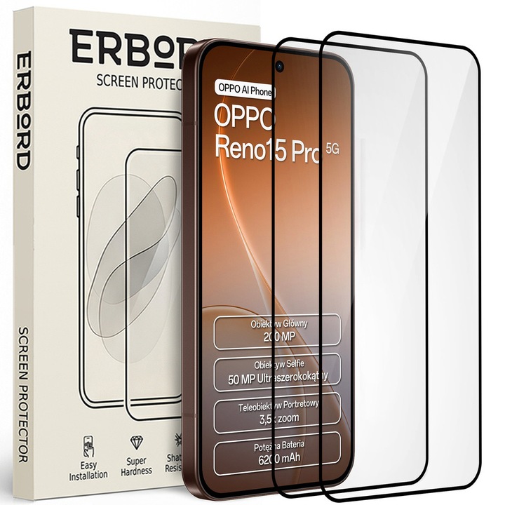 Set 2x sticla securizata ERBORD 3D pentru Oppo Reno 15 Pro, tarie 9H, protectie completa, transparenta