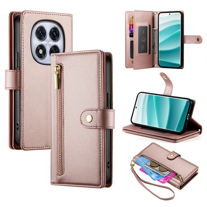 Husa flip pentru Xiaomi Redmi Note 15 Pro Plus 5G / Poco M8 Pro 5G, portofel cu fermoar, roz