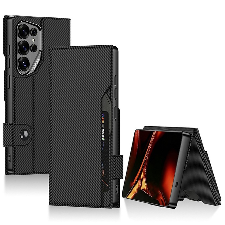 Husa telefon, pentru Samsung Galaxy S26 Ultra, GKK, carbon, doua locuri pentru carduri, functie suport